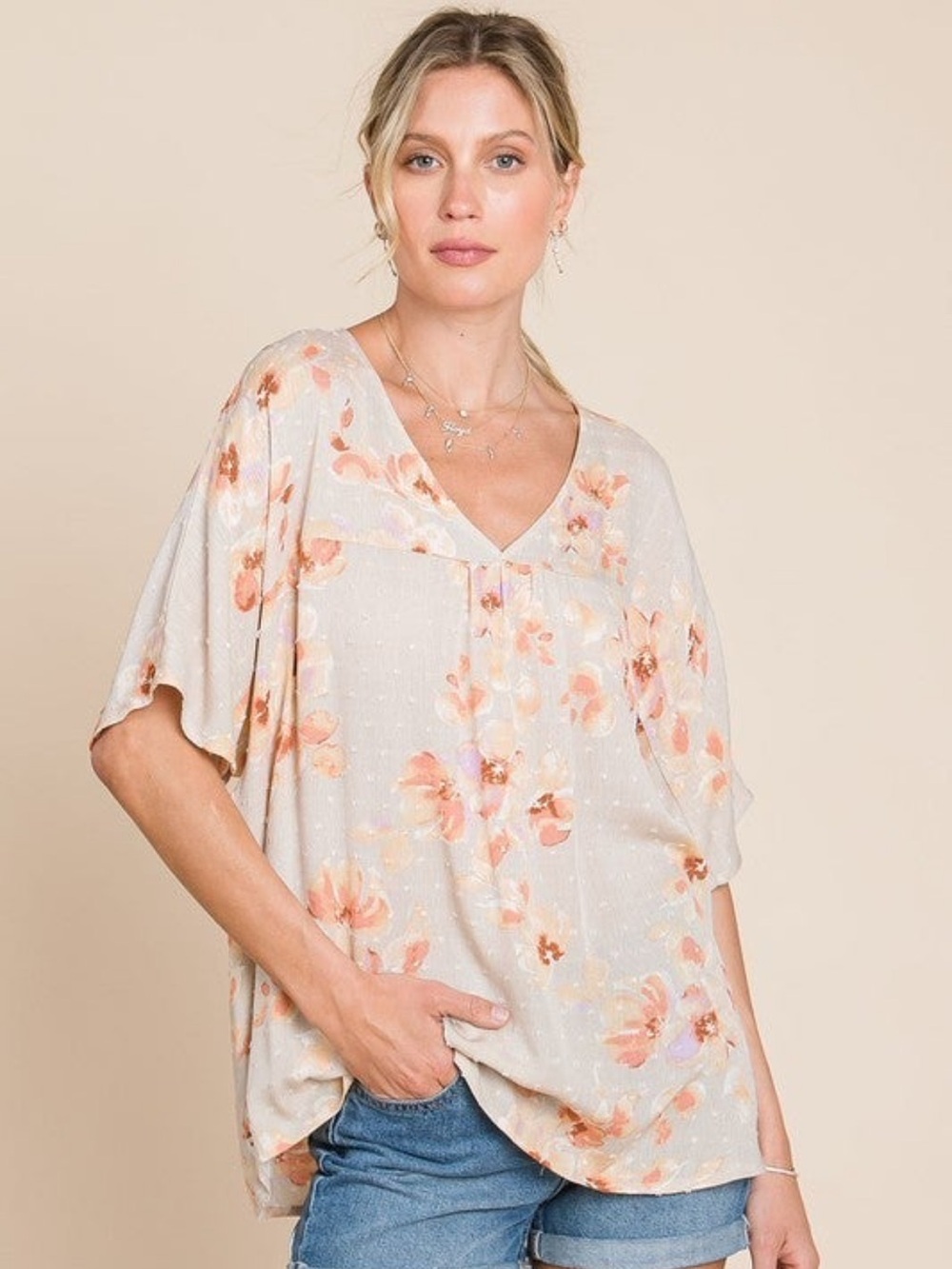 Relaxed Swiss Dot Pink Floral V Neck Blouse